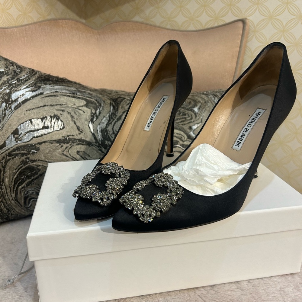 Manolo Blahnik Black Satin Pointed Toe Pumps with Crystal Buckles - Picture 2 of 5